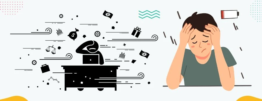 A stressed student struggling to focus and stay organized, highlighting the real life challenges of time management for online learners